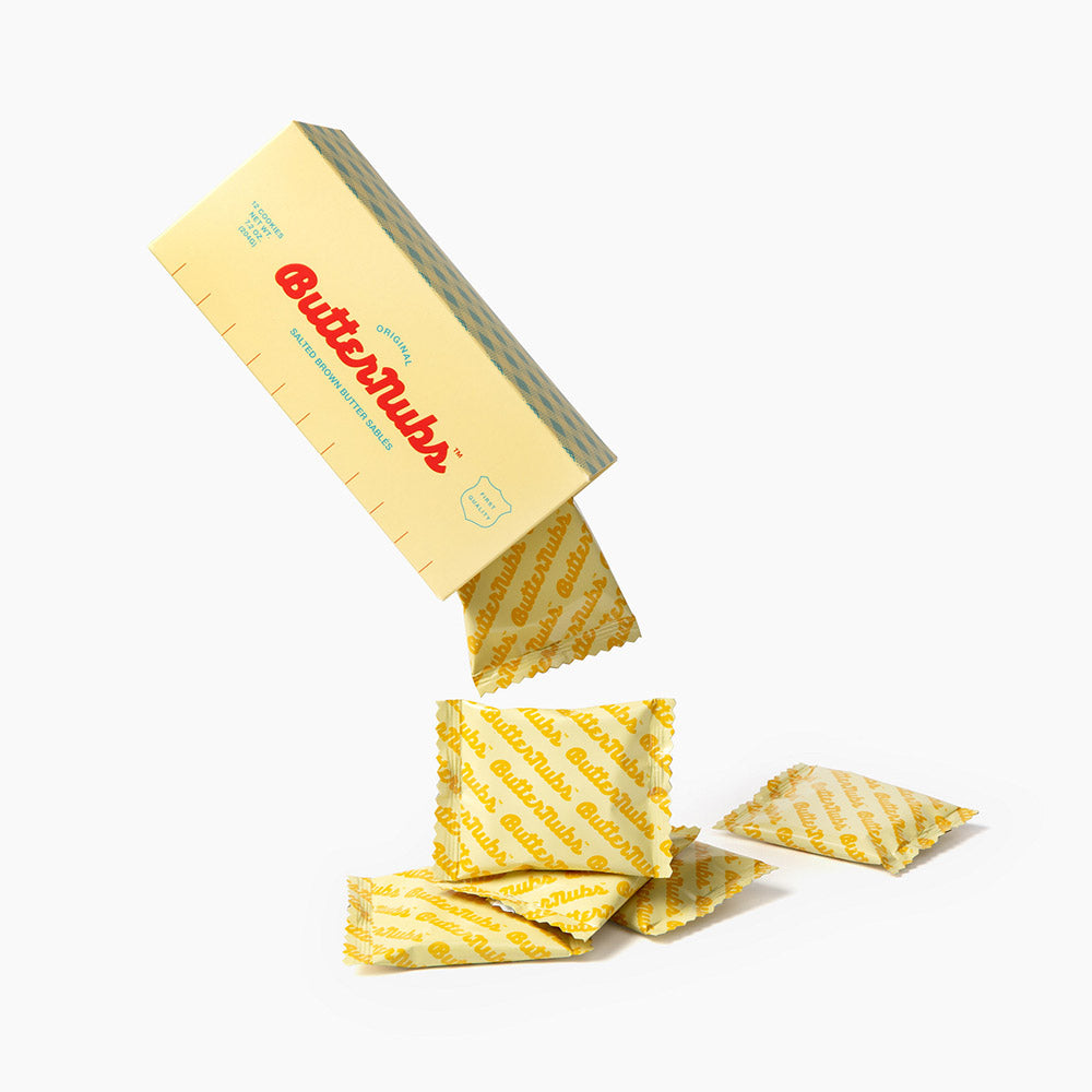 Original brown butter Butternubs contains 12 Individually wrapped salted sablé shortbread cookies in a box